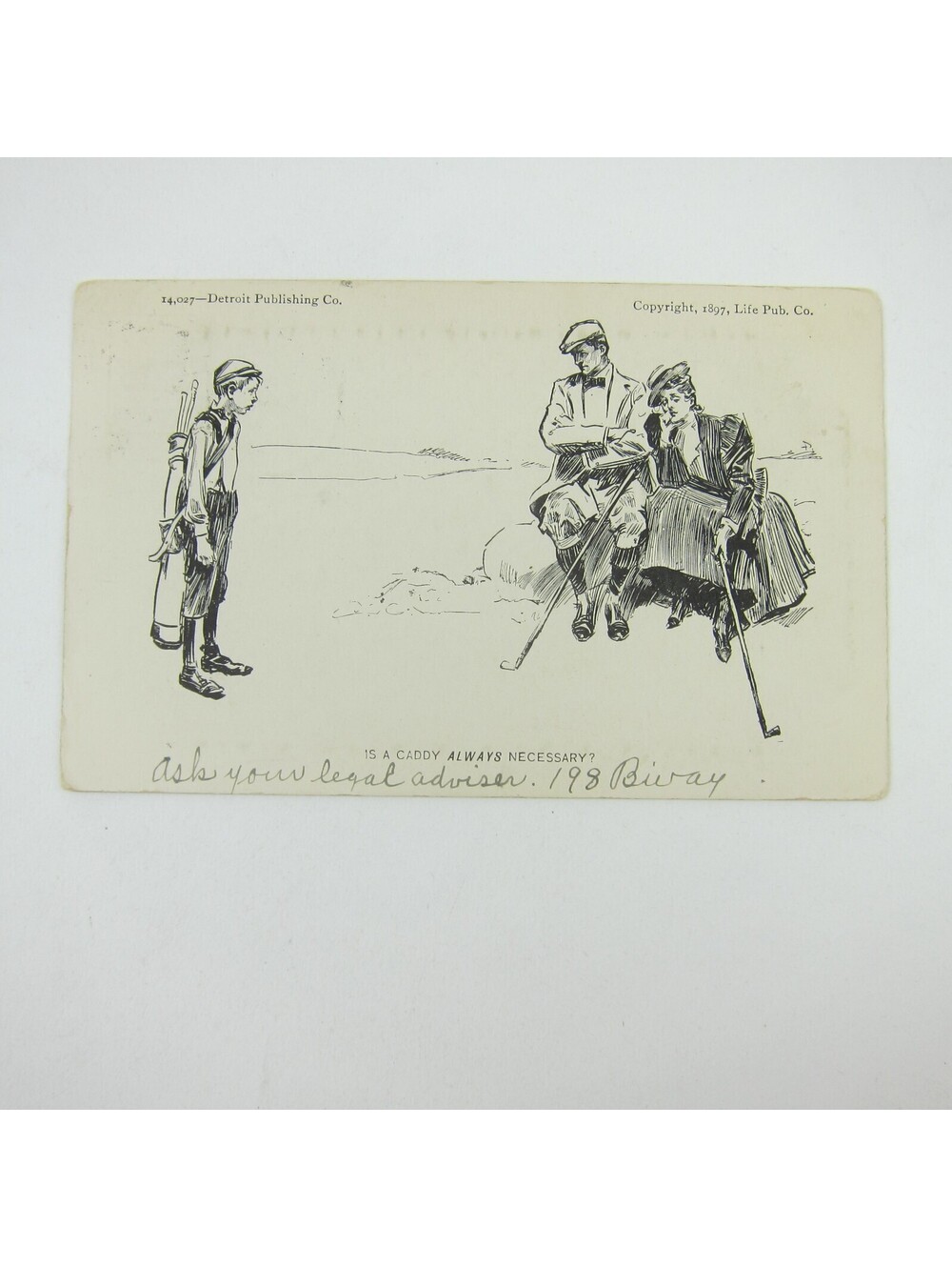 Golf Postcard Comic Man & Woman Golfers Boy Caddy Antique 1906 RARE